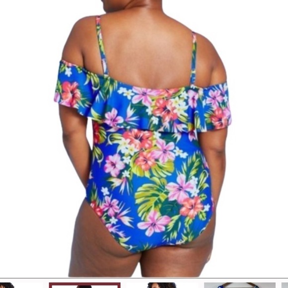 Kona Sol Blue Off the Shoulder High Coverage Hawaiian Print One Piece | Size 24W - Picture 3 of 4